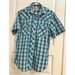 Wrangler Western Shirt Mens M Blue Plaid Short Sleeve Pearl Snap Cowboy